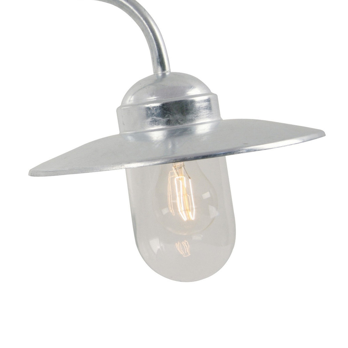 Close-up of a silver outdoor wall light with a wide brim and a clear glass bulb casing.