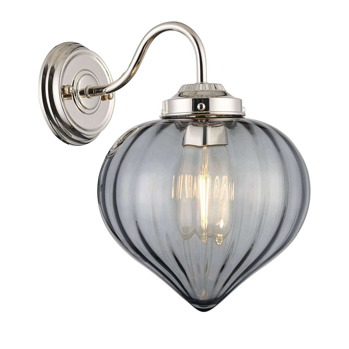 Appin Wall Light in Polished Nickel with Smoke Flower Bud Glass Shade