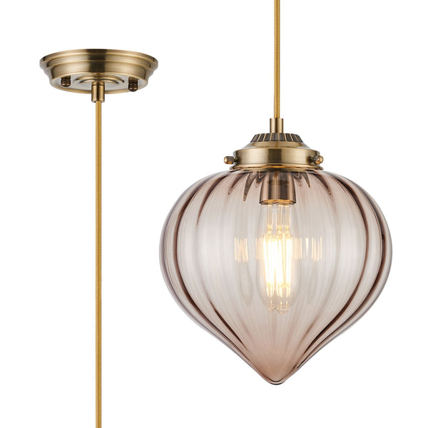 Appin Single Drop Pendant in Antique Brass with Cognac Flower Bud Glass Shade