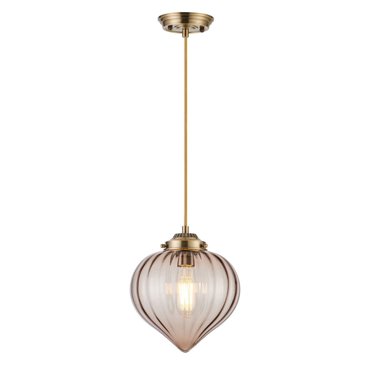 Appin Single Drop Pendant in Antique Brass with Cognac Flower Bud Glass Shade