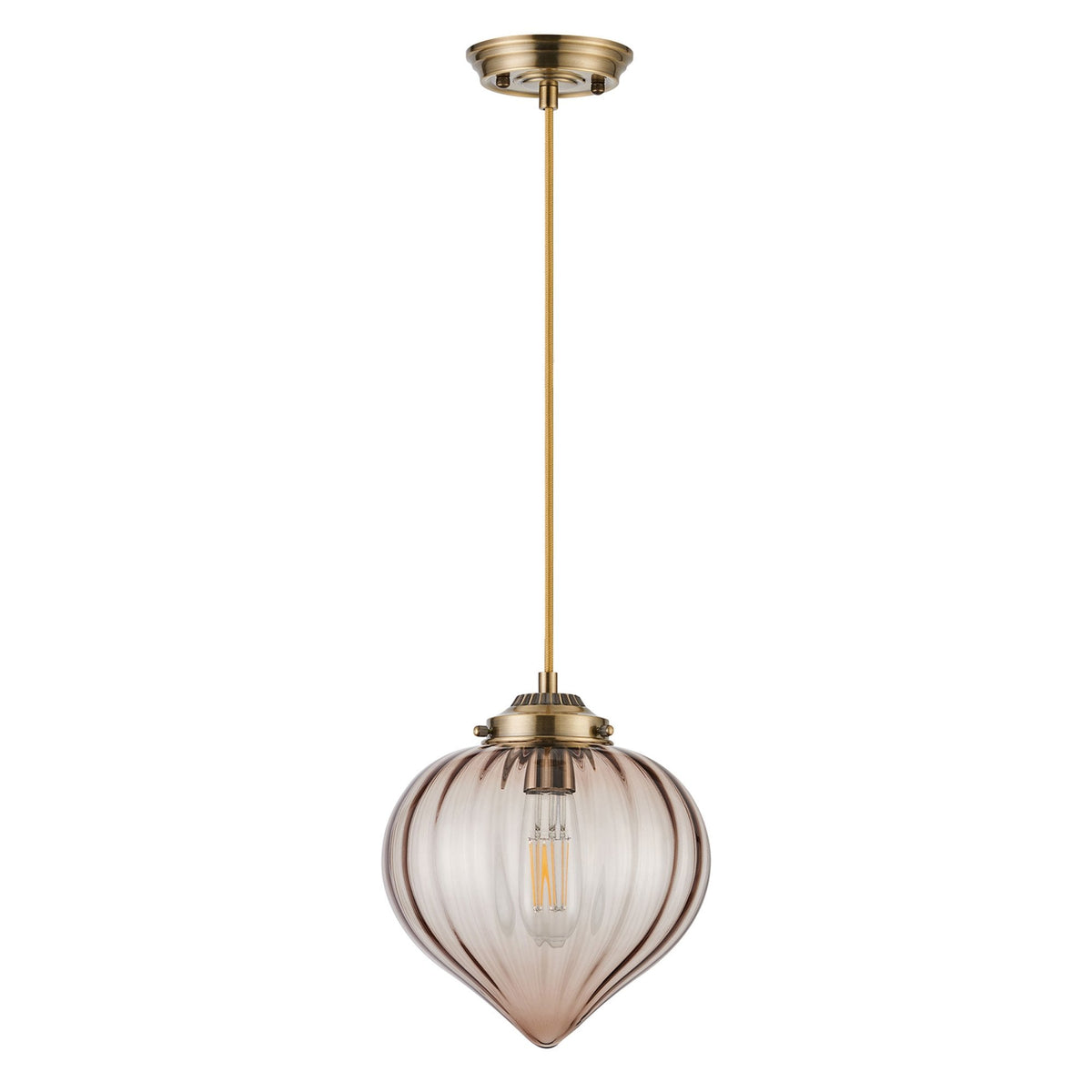 Appin Single Drop Pendant in Antique Brass with Cognac Flower Bud Glass Shade