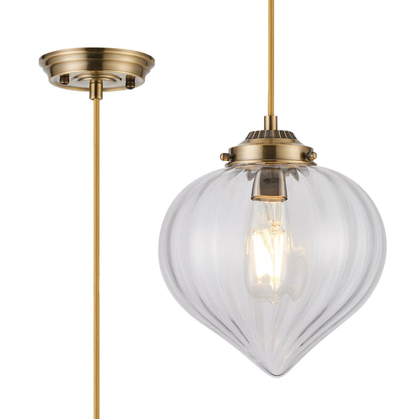 Appin Single Drop Pendant in Antique Brass with Clear Flower Bud Glass Shade