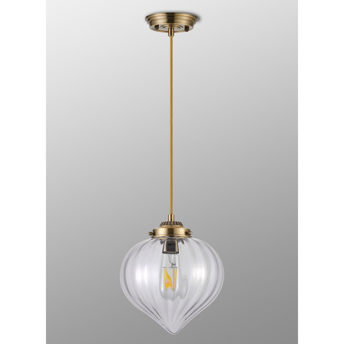 Appin Single Drop Pendant in Antique Brass with Clear Flower Bud Glass Shade