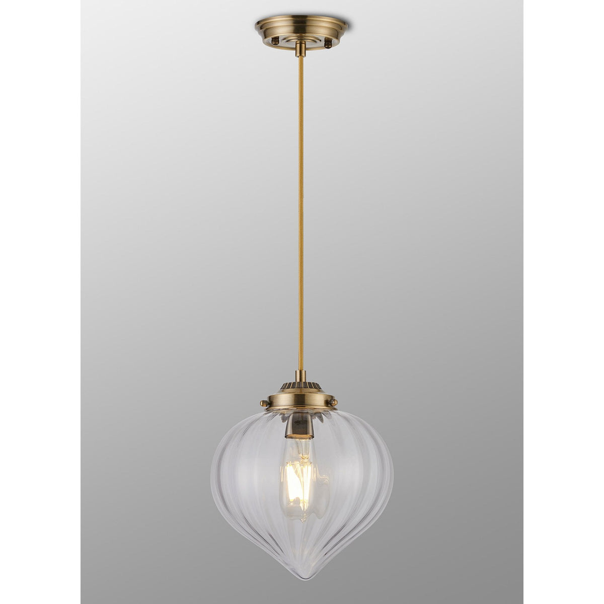 Appin Single Drop Pendant in Antique Brass with Clear Flower Bud Glass Shade