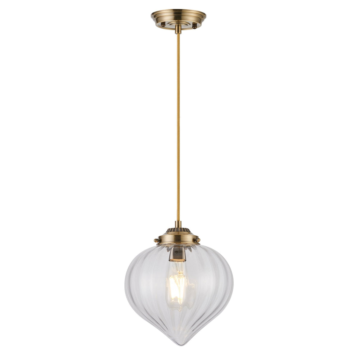 Appin Single Drop Pendant in Antique Brass with Clear Flower Bud Glass Shade