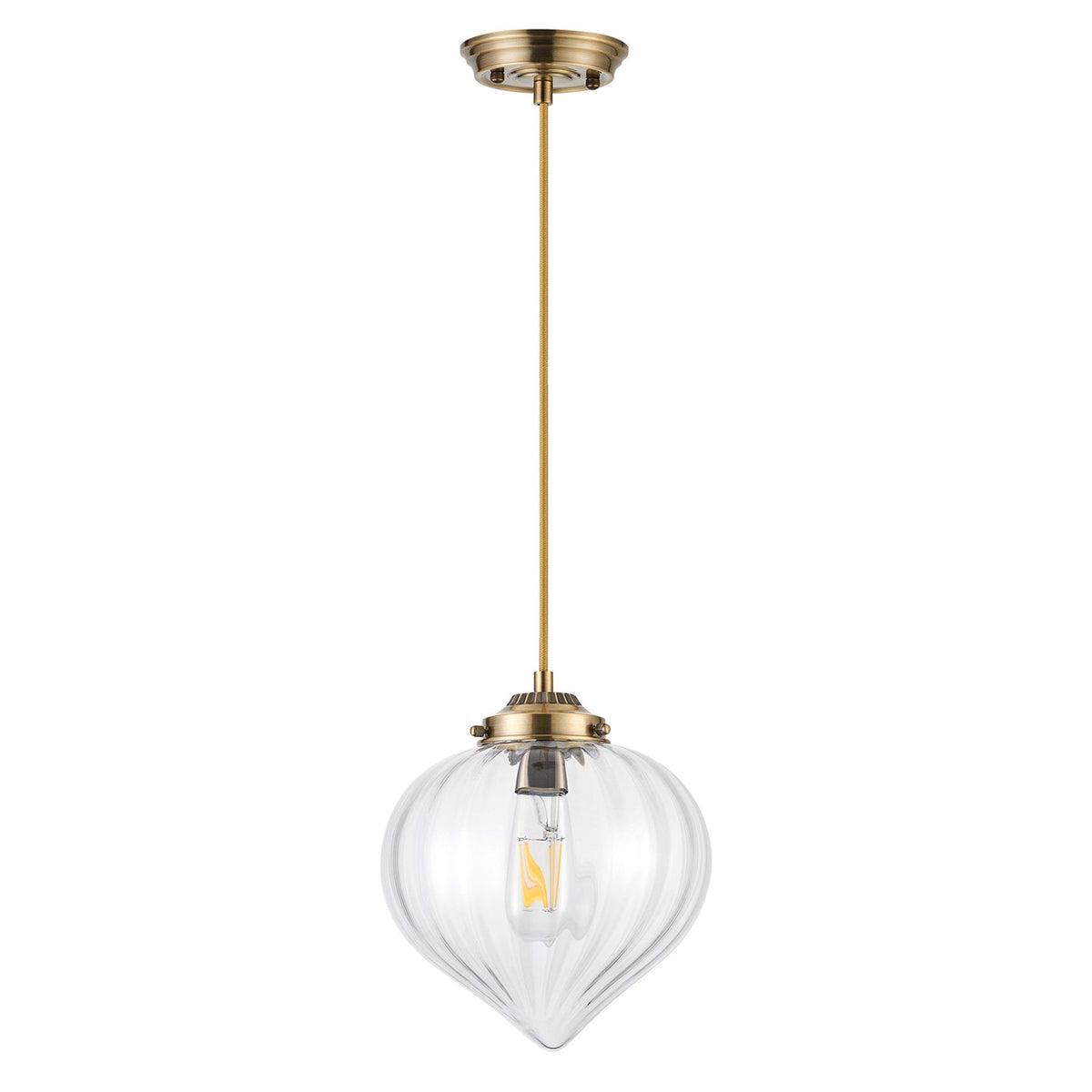 Appin Single Drop Pendant in Antique Brass with Clear Flower Bud Glass Shade
