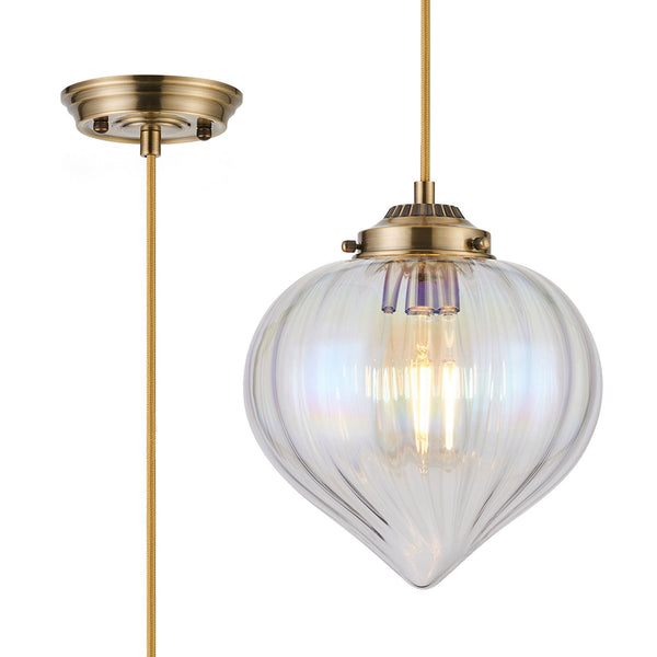 Appin Single Drop Pendant in Antique Brass with Iridescent Faded Flower Bud Glass Shade