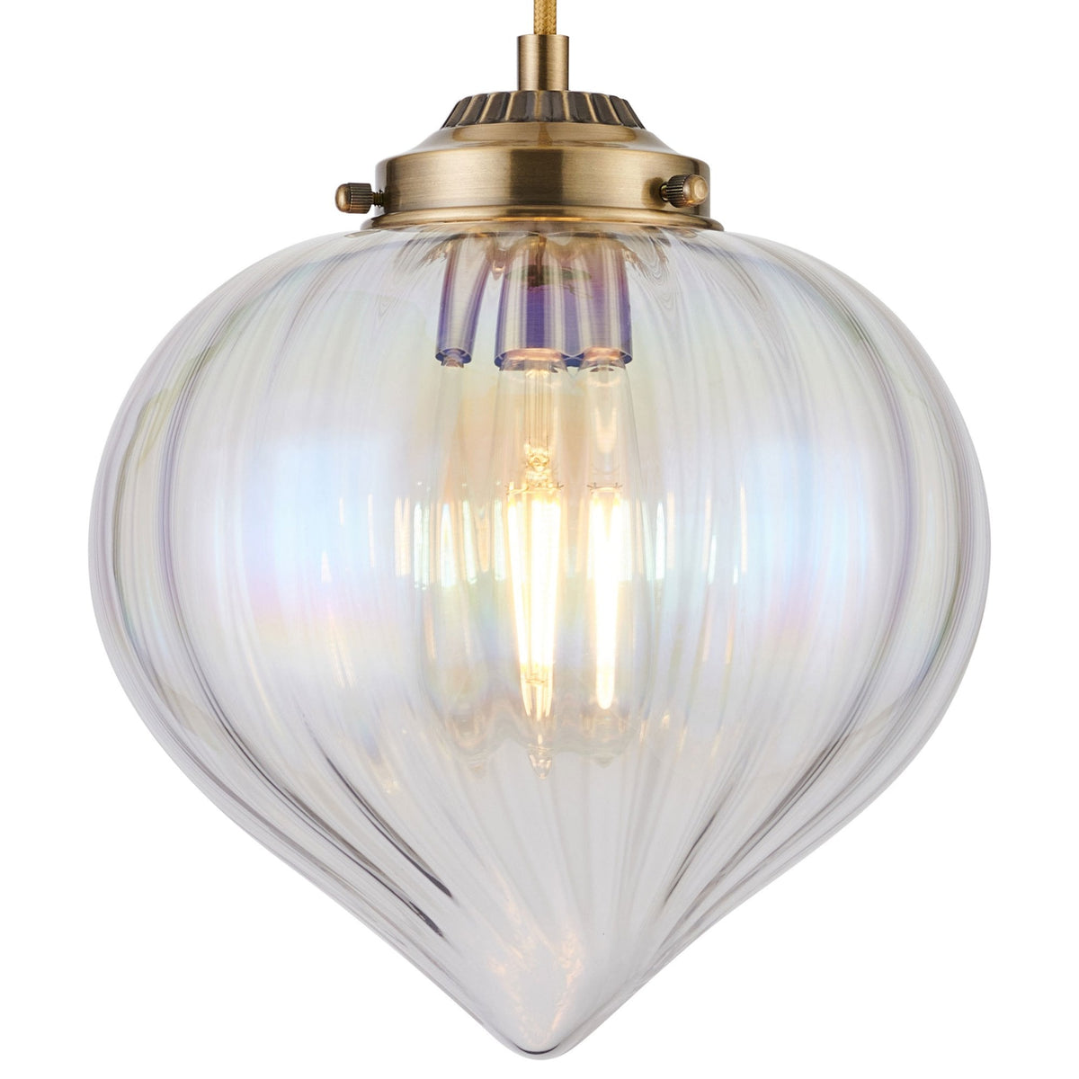 Appin Single Drop Pendant in Antique Brass with Iridescent Faded Flower Bud Glass Shade