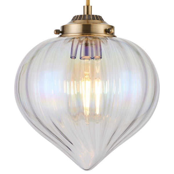 Appin Single Drop Pendant in Antique Brass with Iridescent Faded Flower Bud Glass Shade