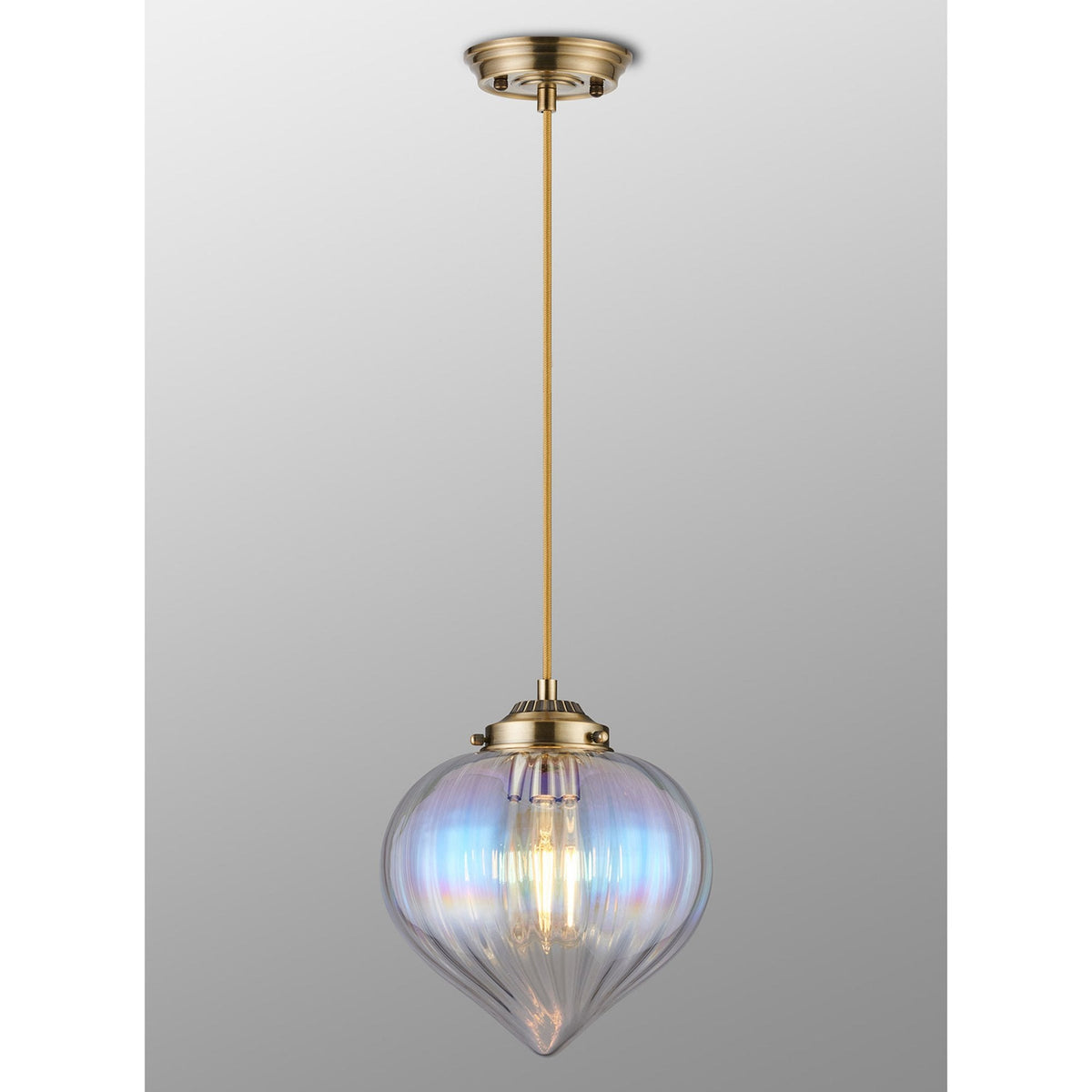 Appin Single Drop Pendant in Antique Brass with Iridescent Faded Flower Bud Glass Shade