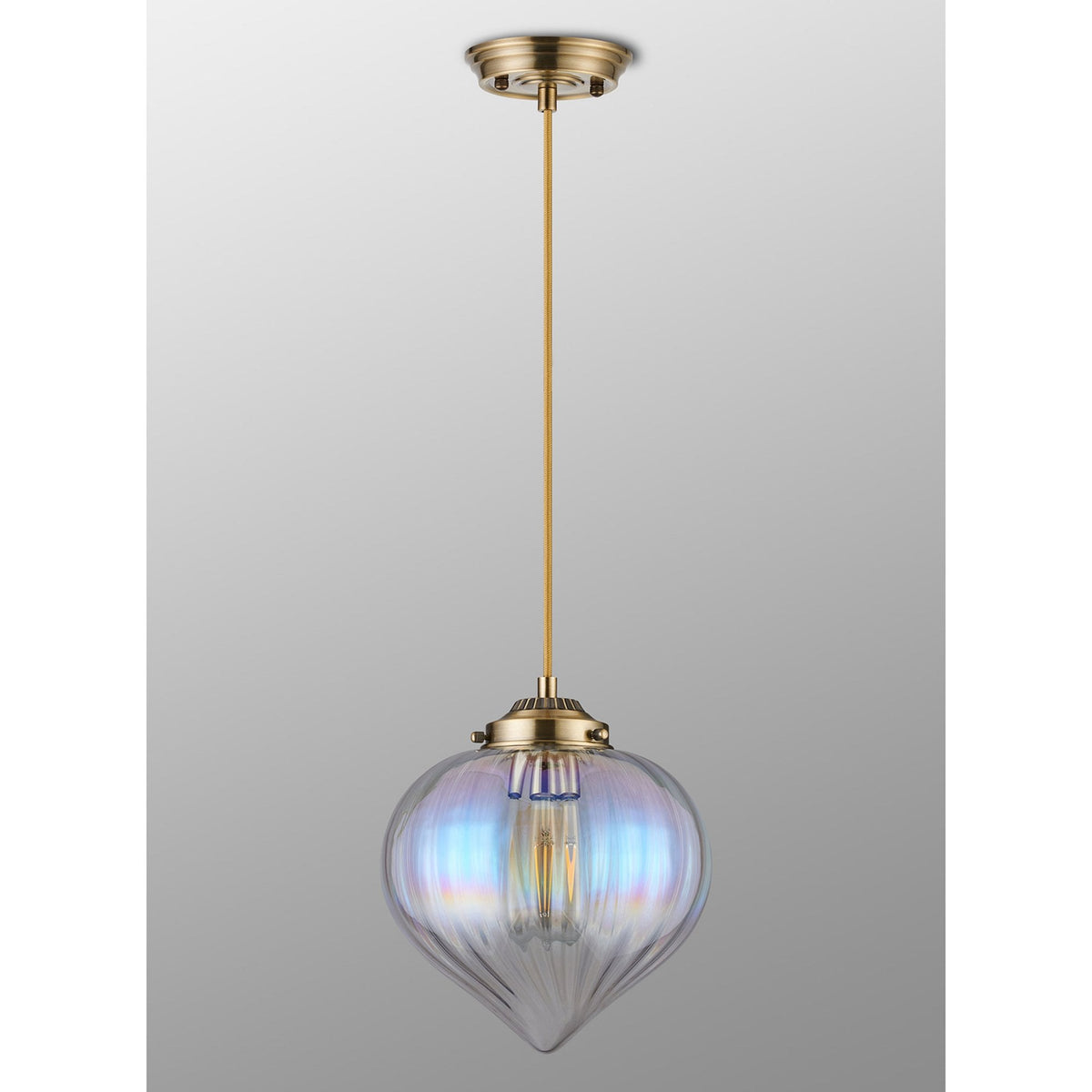 Appin Single Drop Pendant in Antique Brass with Iridescent Faded Flower Bud Glass Shade