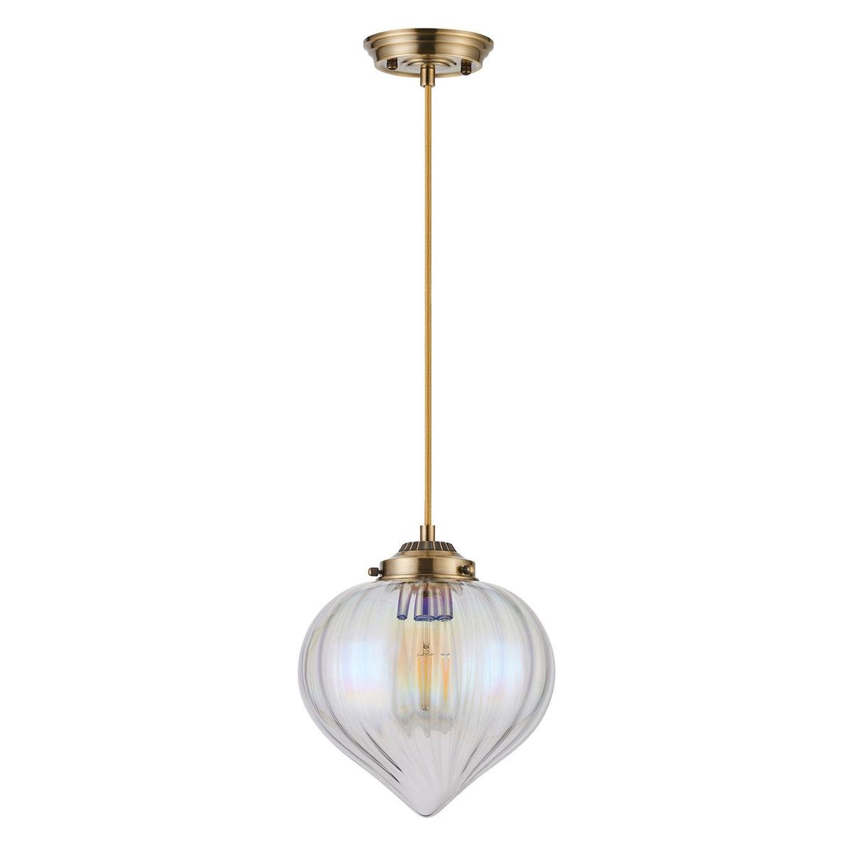 Appin Single Drop Pendant in Antique Brass with Iridescent Faded Flower Bud Glass Shade