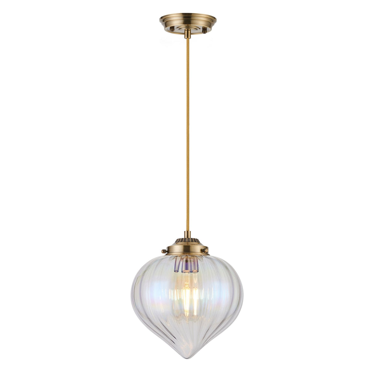 Appin Single Drop Pendant in Antique Brass with Iridescent Faded Flower Bud Glass Shade