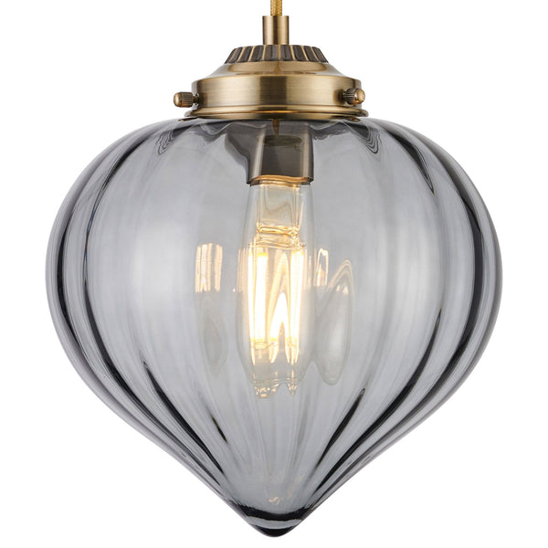 Appin Single Drop Pendant in Antique Brass with Smoke Flower Bud Glass Shade