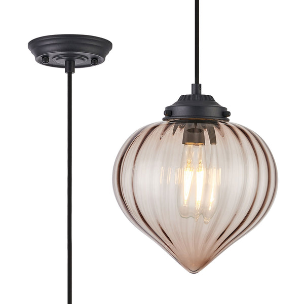 Appin Single Drop Pendant in Satin Black with Cognac Flower Bud Glass Shade