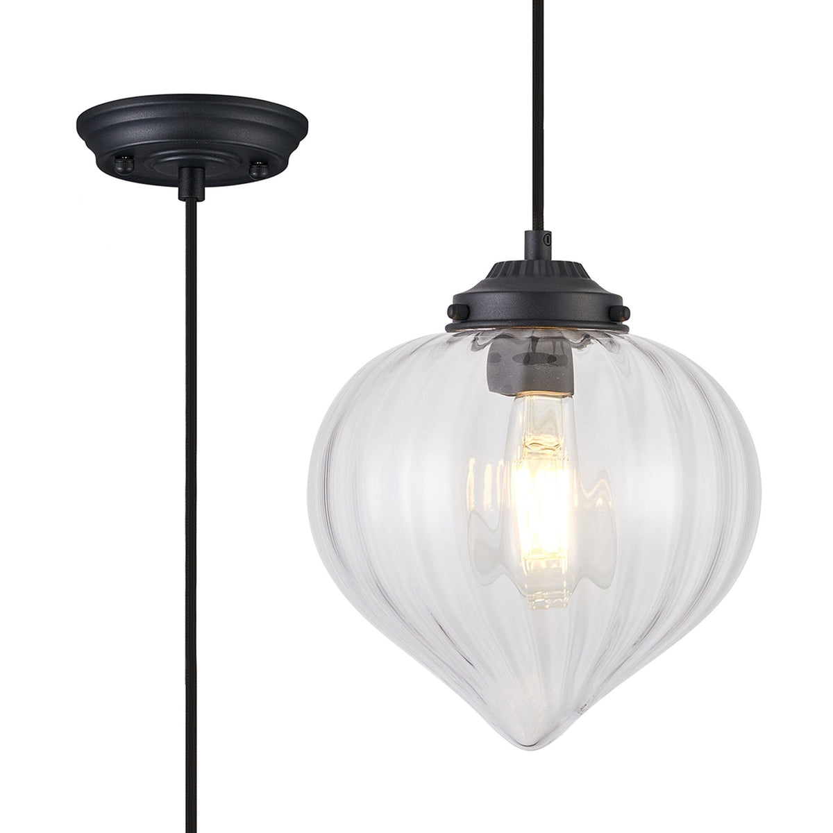 Appin Single Drop Pendant in Satin Black with Clear Flower Bud Glass Shade