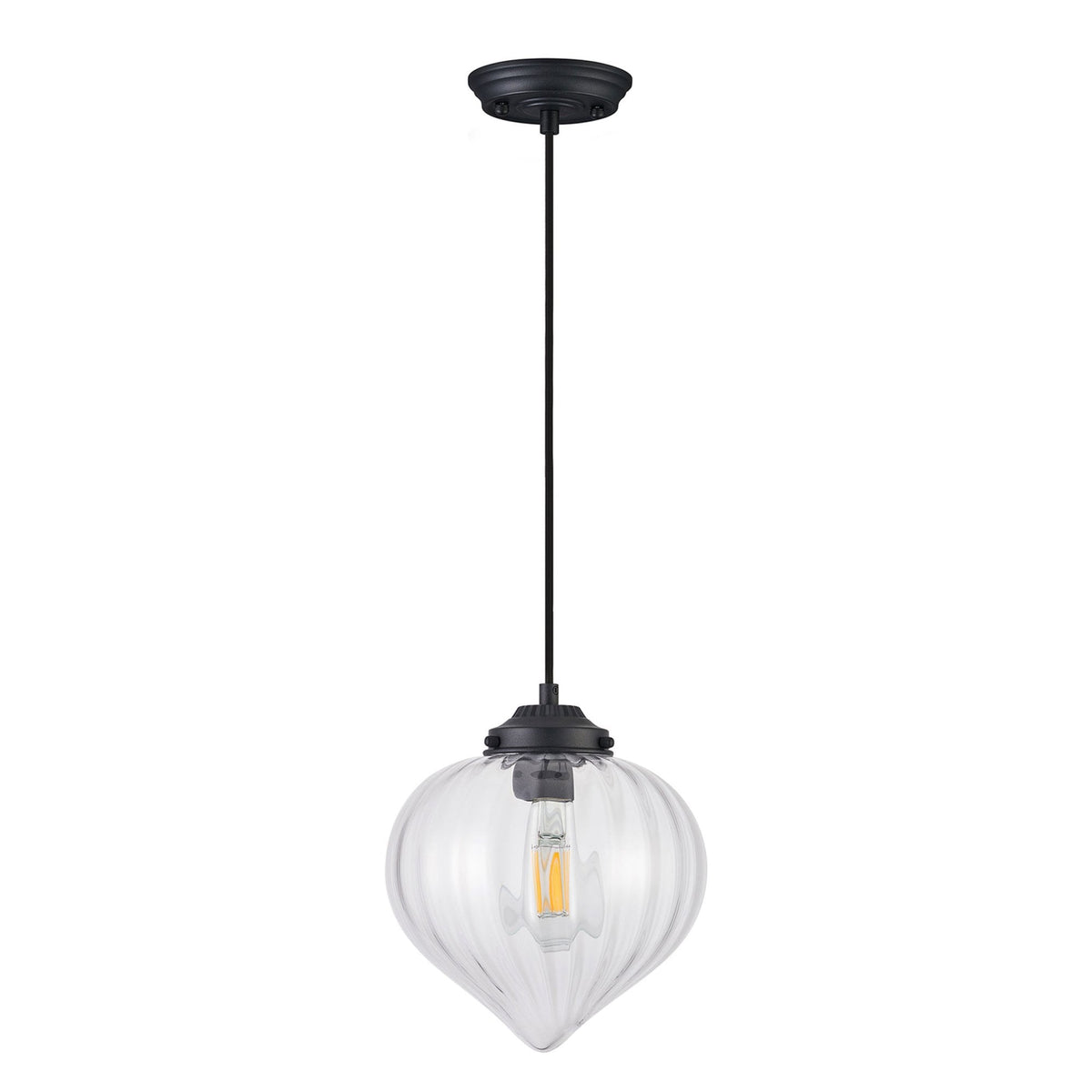 Appin Single Drop Pendant in Satin Black with Clear Flower Bud Glass Shade