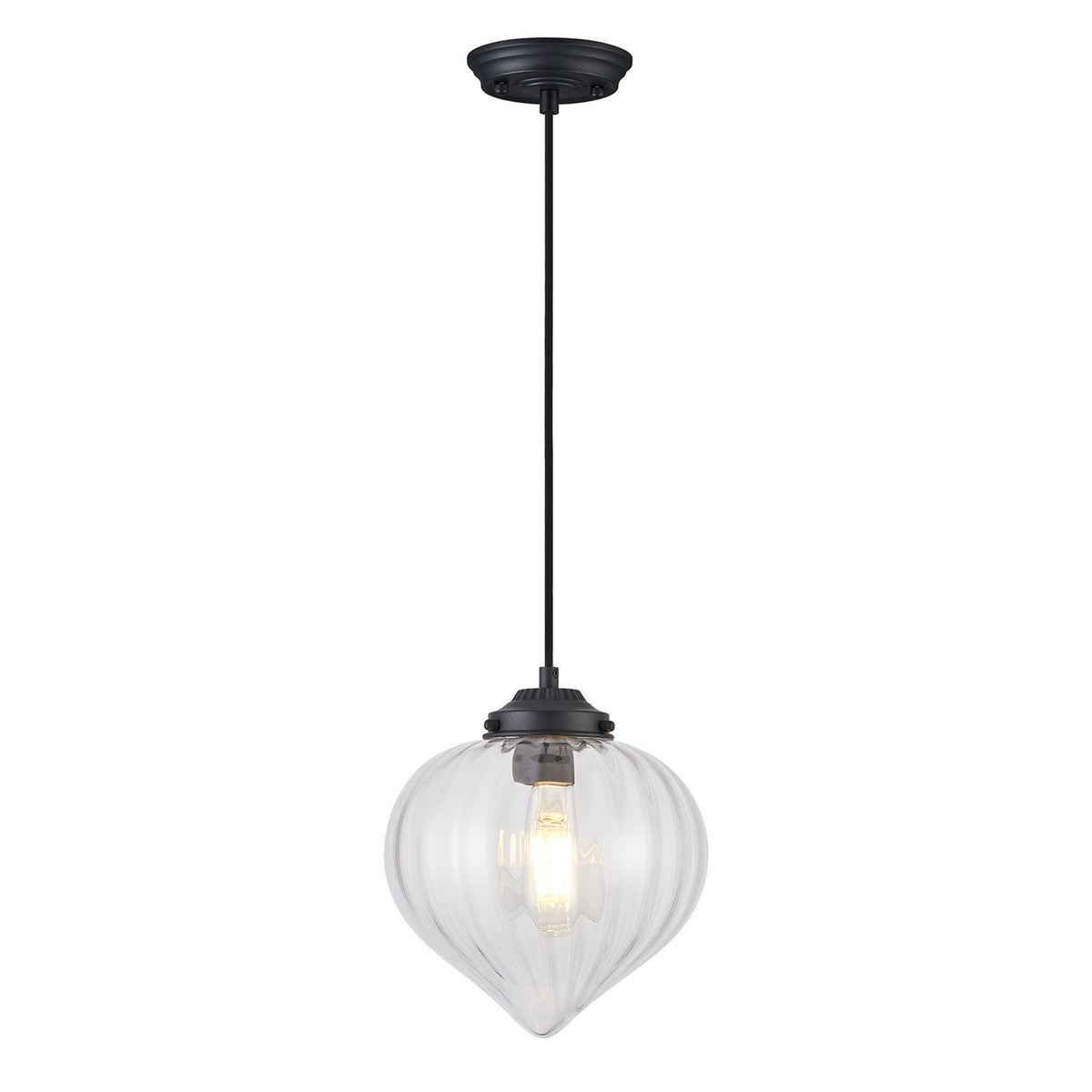 Appin Single Drop Pendant in Satin Black with Clear Flower Bud Glass Shade