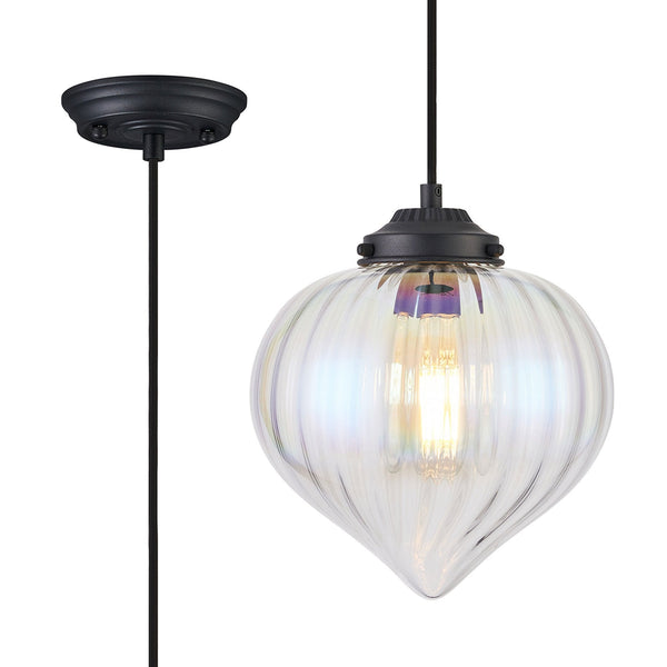 Appin Single Drop Pendant in Satin Black with Iridescent Faded Flower Bud Glass Shade