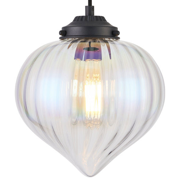 Appin Single Drop Pendant in Satin Black with Iridescent Faded Flower Bud Glass Shade