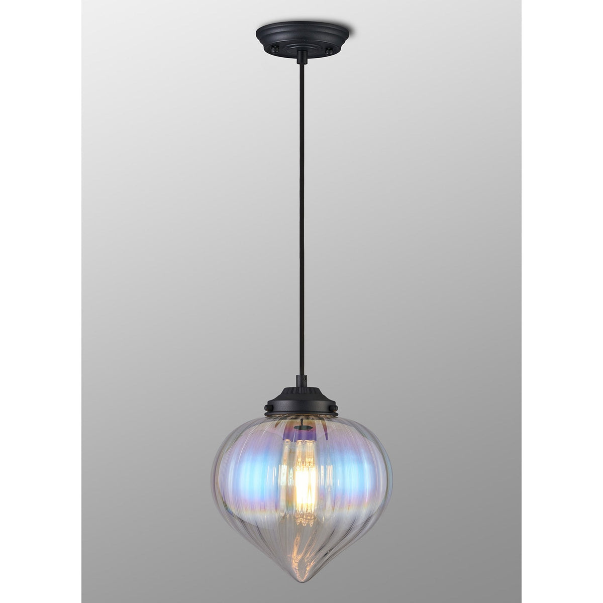 Appin Single Drop Pendant in Satin Black with Iridescent Faded Flower Bud Glass Shade
