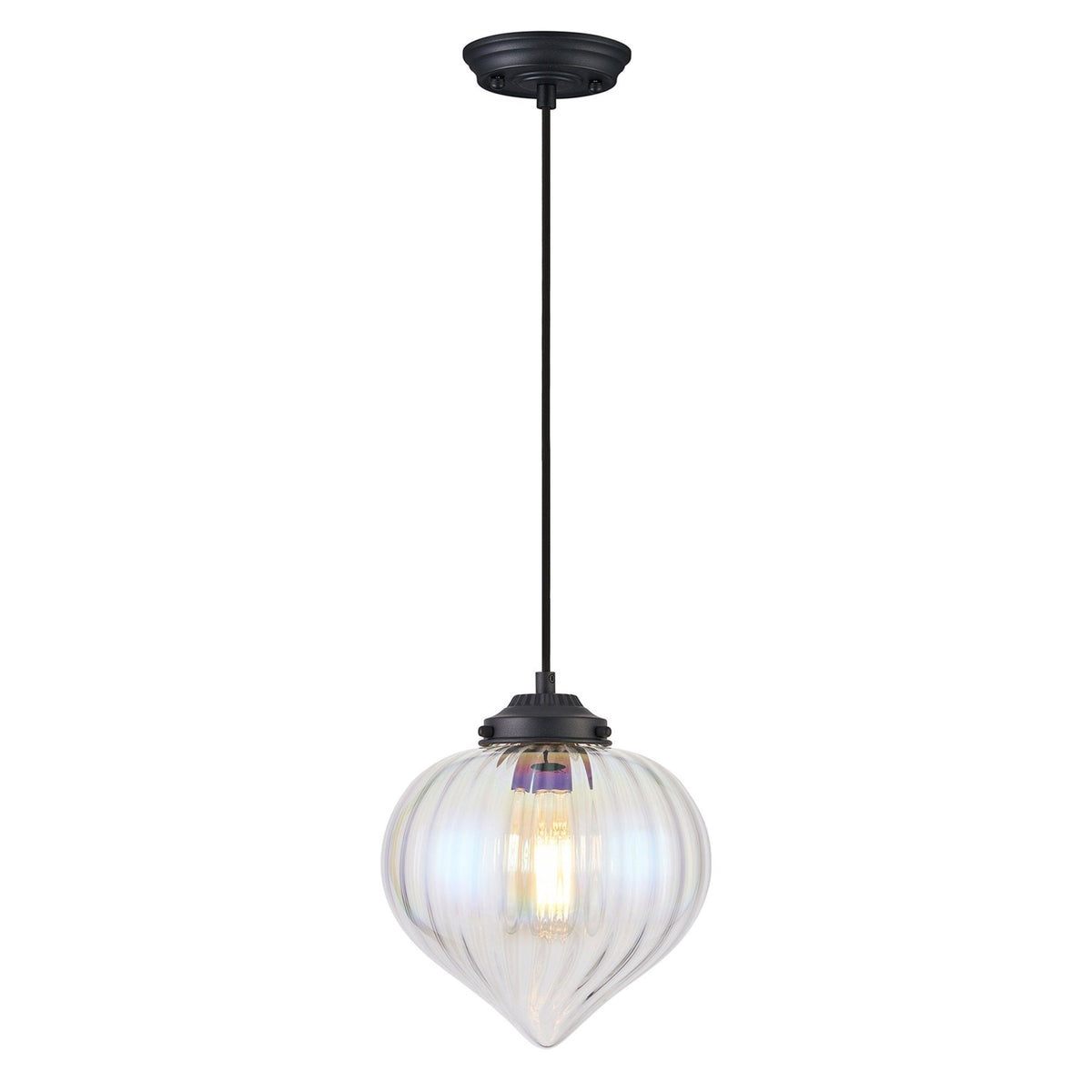 Appin Single Drop Pendant in Satin Black with Iridescent Faded Flower Bud Glass Shade