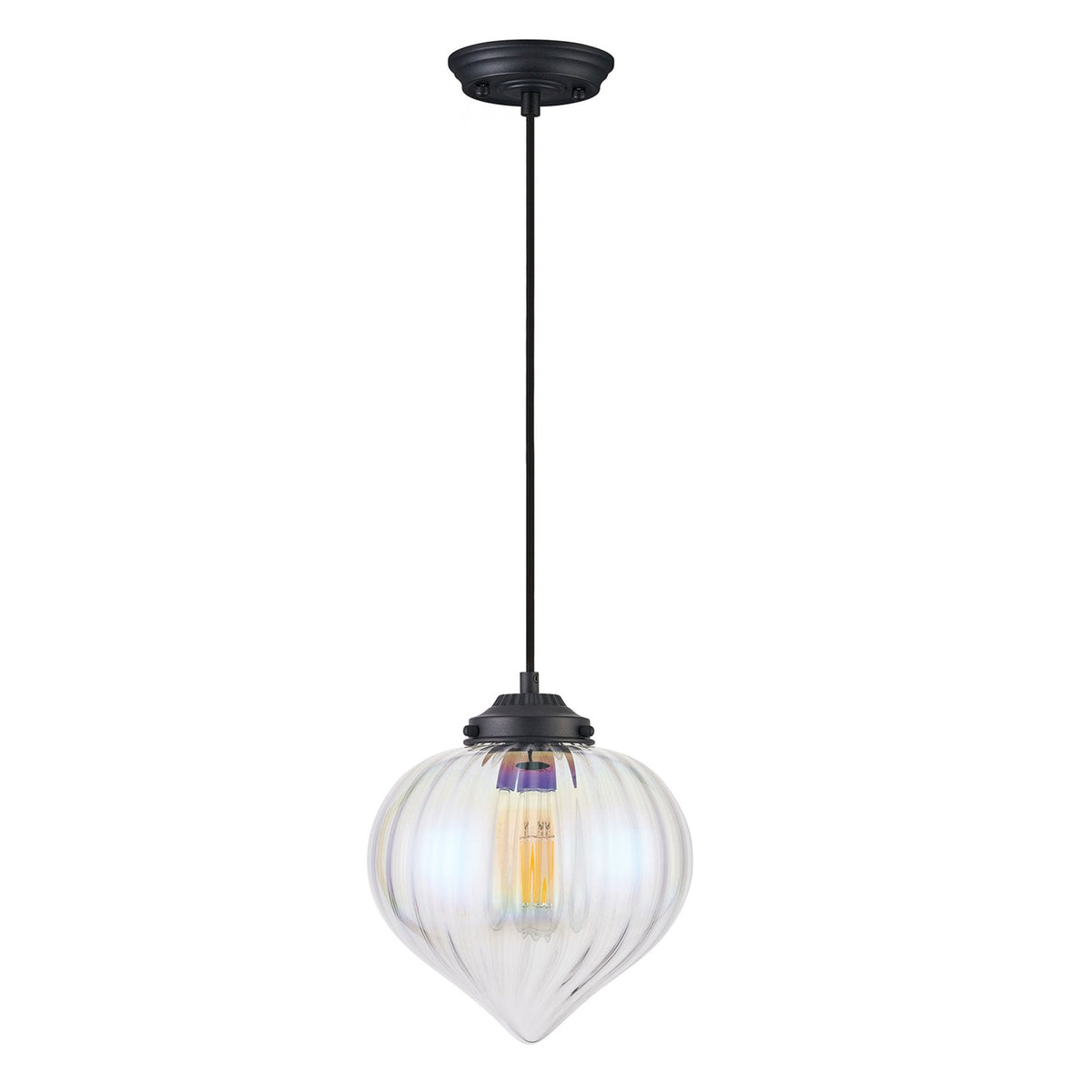 Appin Single Drop Pendant in Satin Black with Iridescent Faded Flower Bud Glass Shade