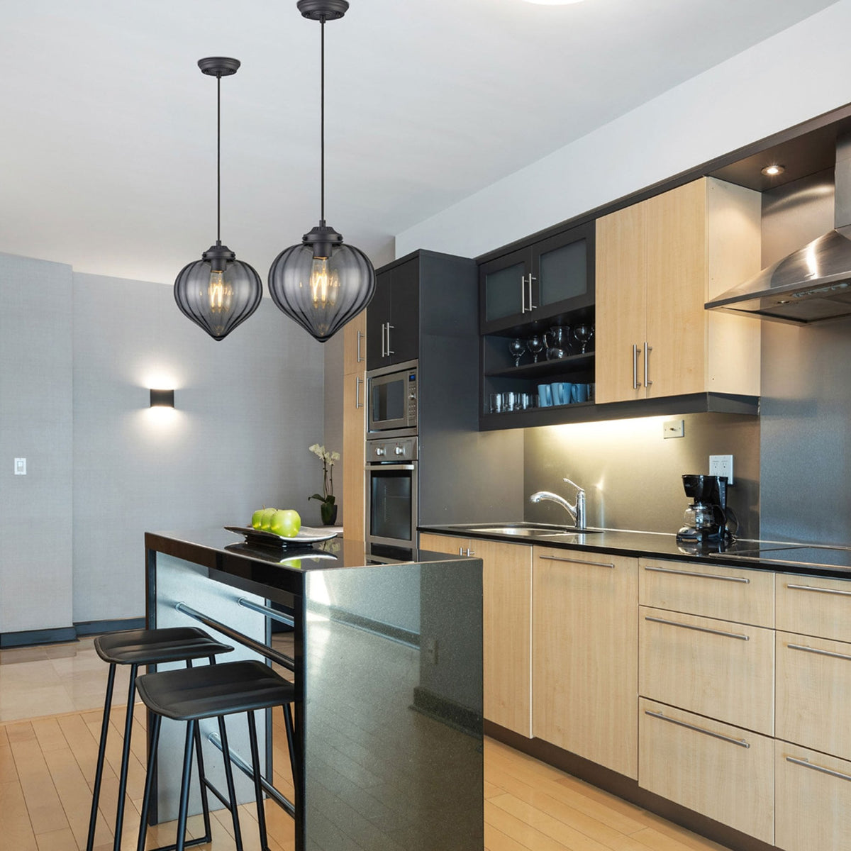 Appin Single Drop Pendant in Satin Black with Smoke Flower Bud Glass Shade