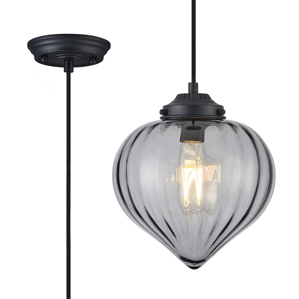 Appin Single Drop Pendant in Satin Black with Smoke Flower Bud Glass Shade