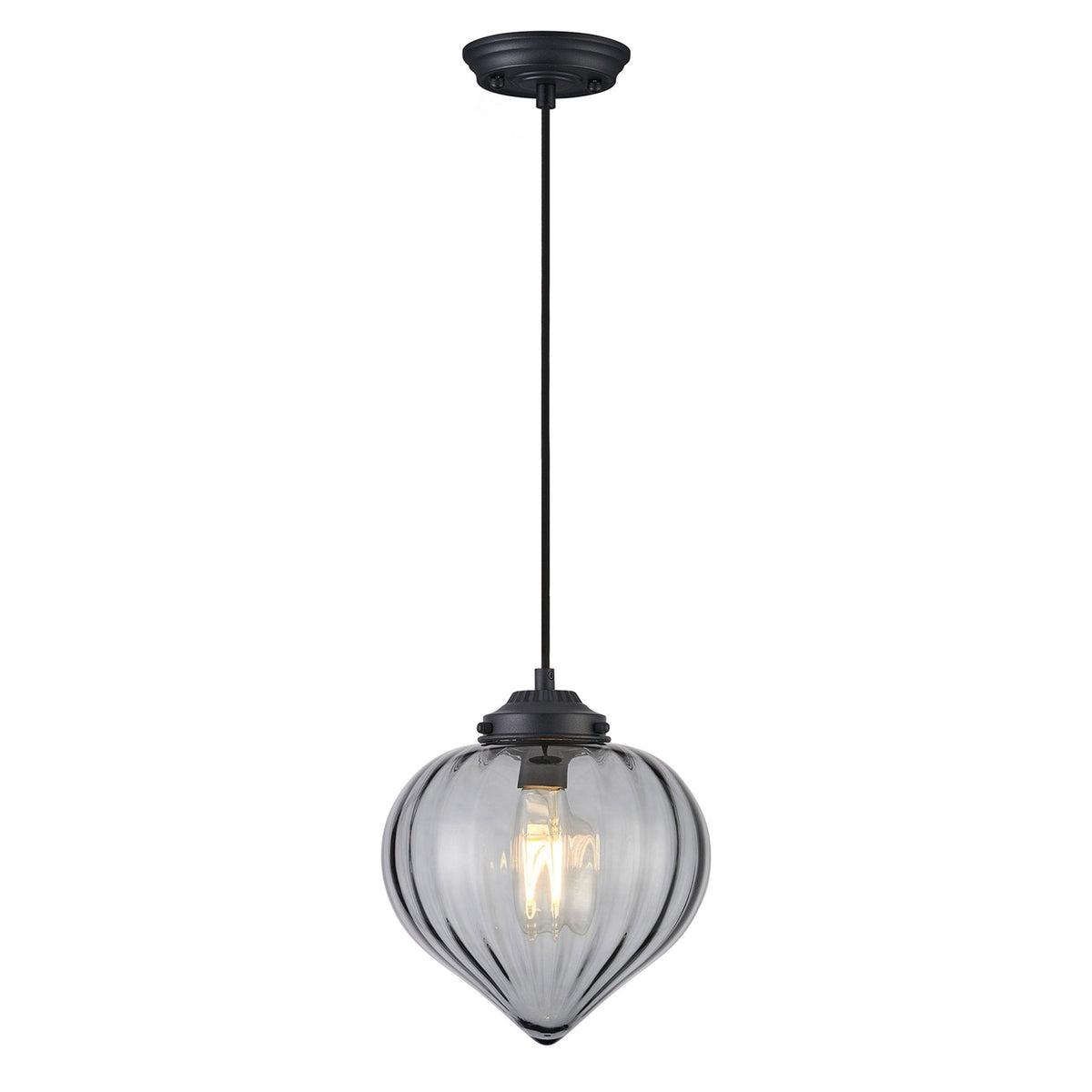 Appin Single Drop Pendant in Satin Black with Smoke Flower Bud Glass Shade