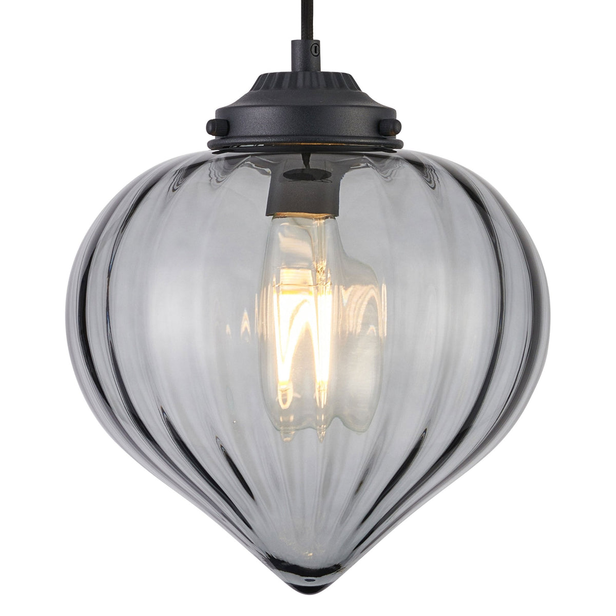 Appin Single Drop Pendant in Satin Black with Smoke Flower Bud Glass Shade