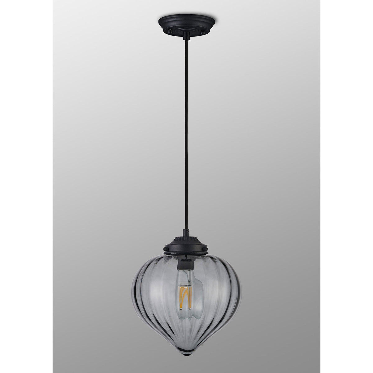 Appin Single Drop Pendant in Satin Black with Smoke Flower Bud Glass Shade
