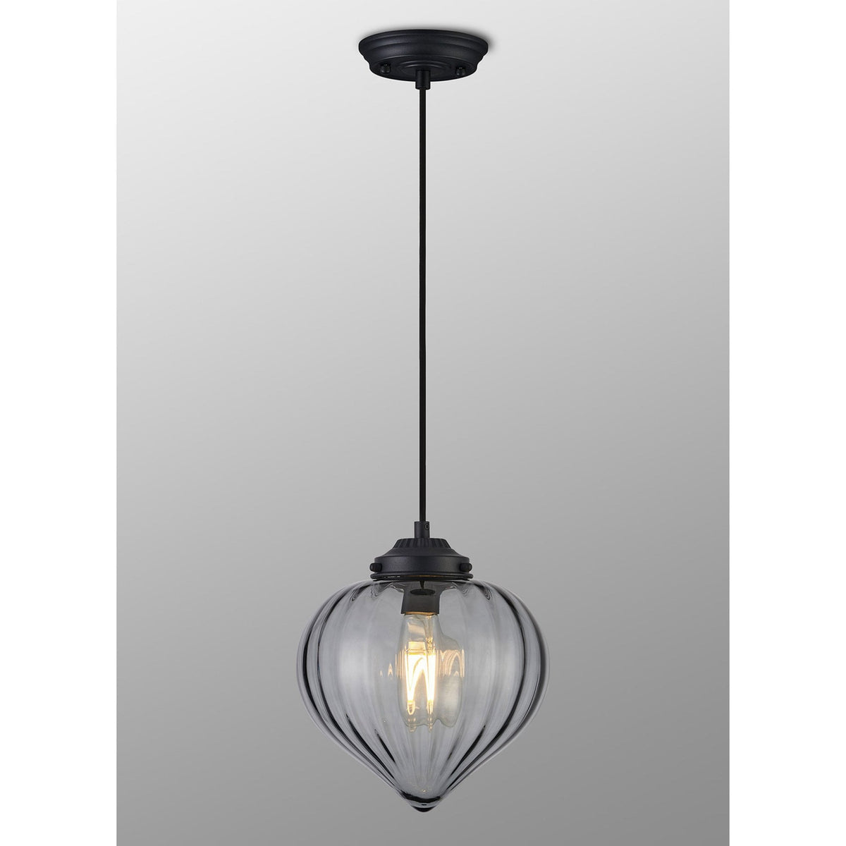Appin Single Drop Pendant in Satin Black with Smoke Flower Bud Glass Shade