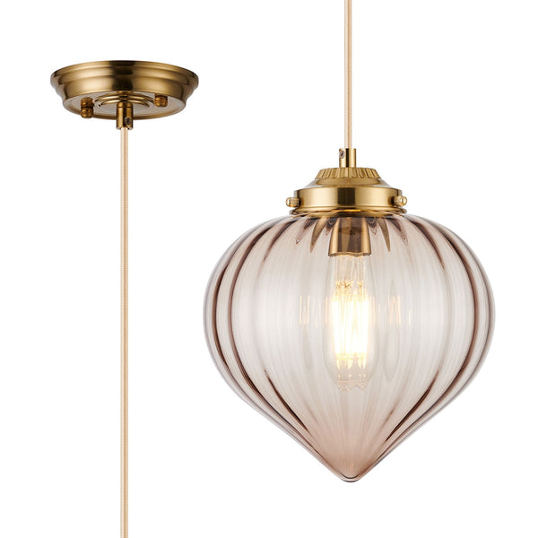 Appin Single Drop Pendant in Brass with Cognac Flower Bud Glass Shade