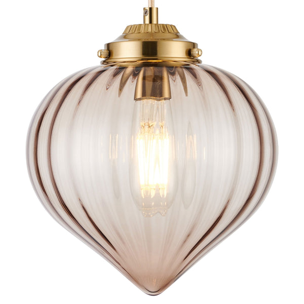 Appin Single Drop Pendant in Brass with Cognac Flower Bud Glass Shade