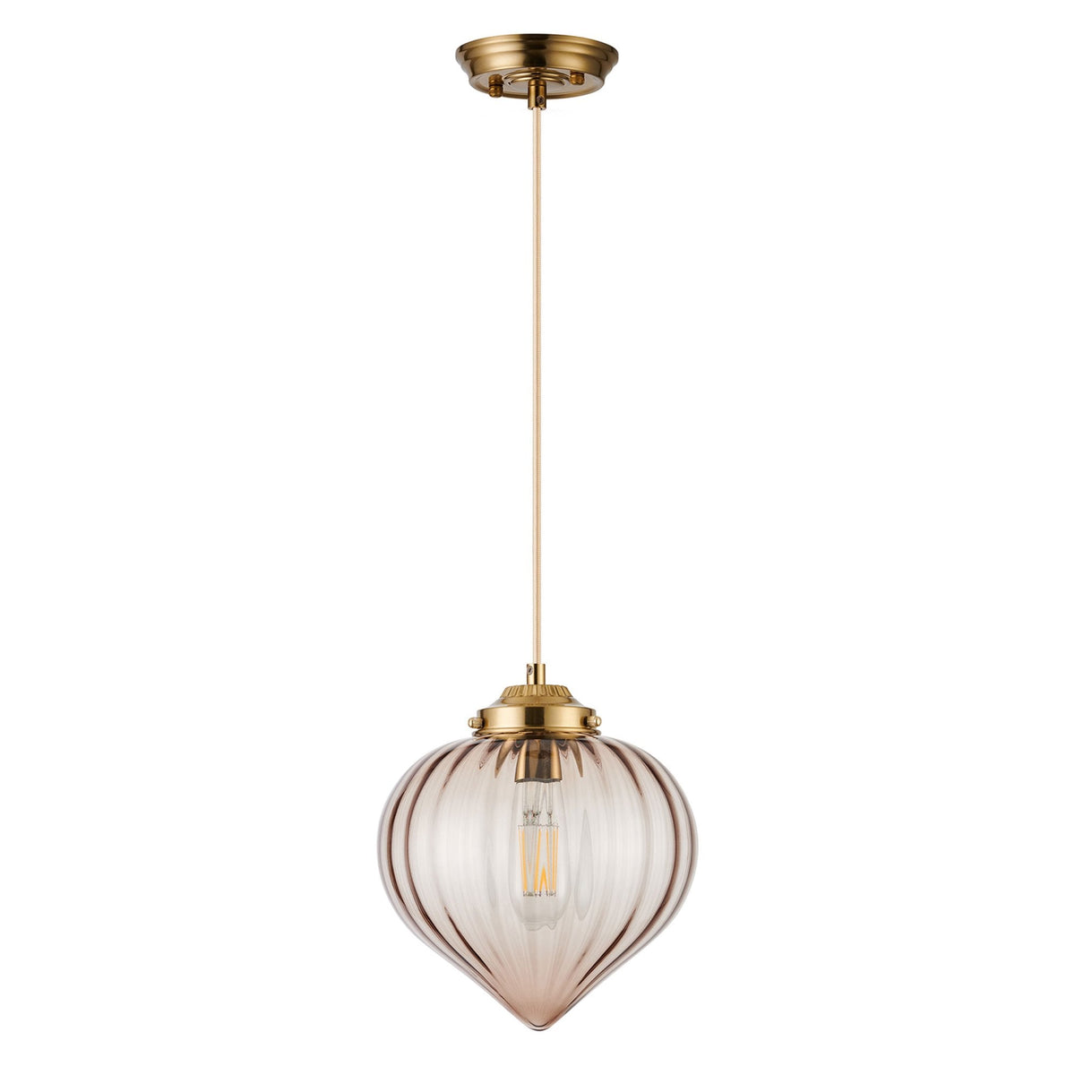 Appin Single Drop Pendant in Brass with Cognac Flower Bud Glass Shade