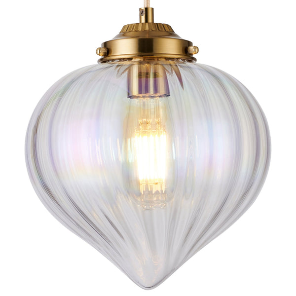 Appin Single Drop Pendant in Brass with Iridescent Faded Flower Bud Glass Shade