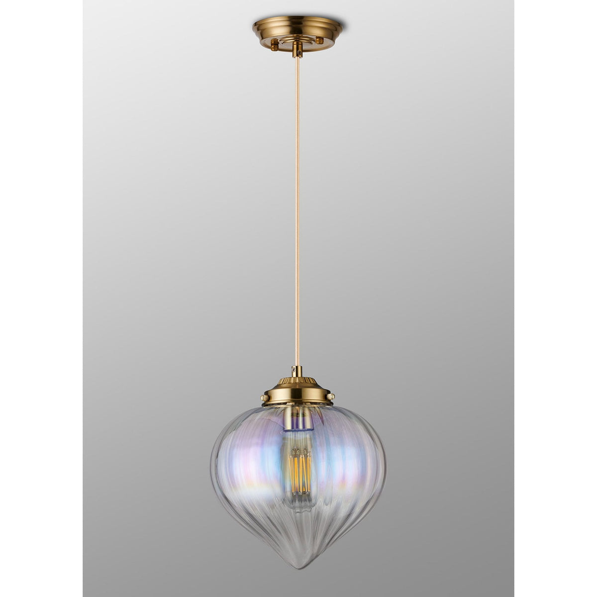 Appin Single Drop Pendant in Brass with Iridescent Faded Flower Bud Glass Shade