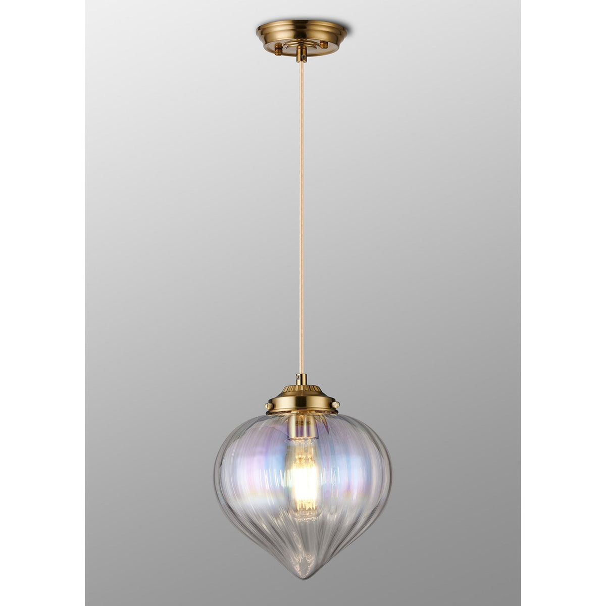 Appin Single Drop Pendant in Brass with Iridescent Faded Flower Bud Glass Shade