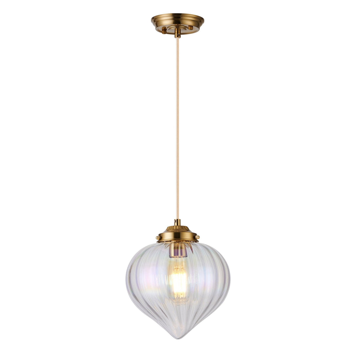 Appin Single Drop Pendant in Brass with Iridescent Faded Flower Bud Glass Shade