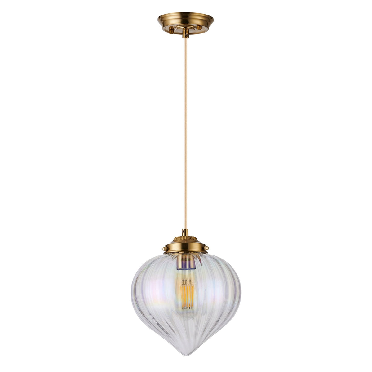 Appin Single Drop Pendant in Brass with Iridescent Faded Flower Bud Glass Shade