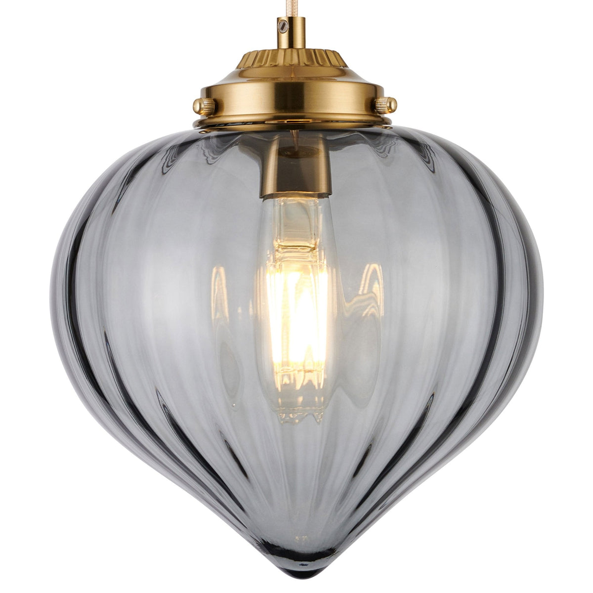 Appin Single Drop Pendant in Brass with Smoke Flower Bud Glass Shade