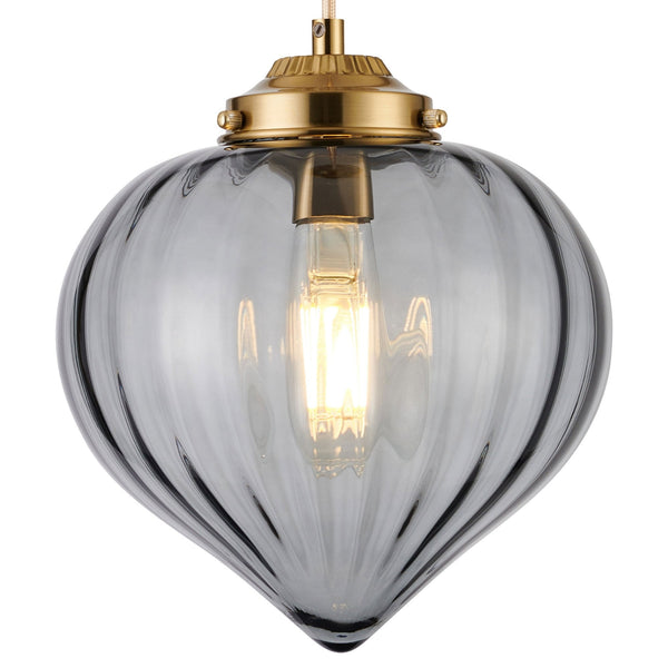 Appin Single Drop Pendant in Brass with Smoke Flower Bud Glass Shade