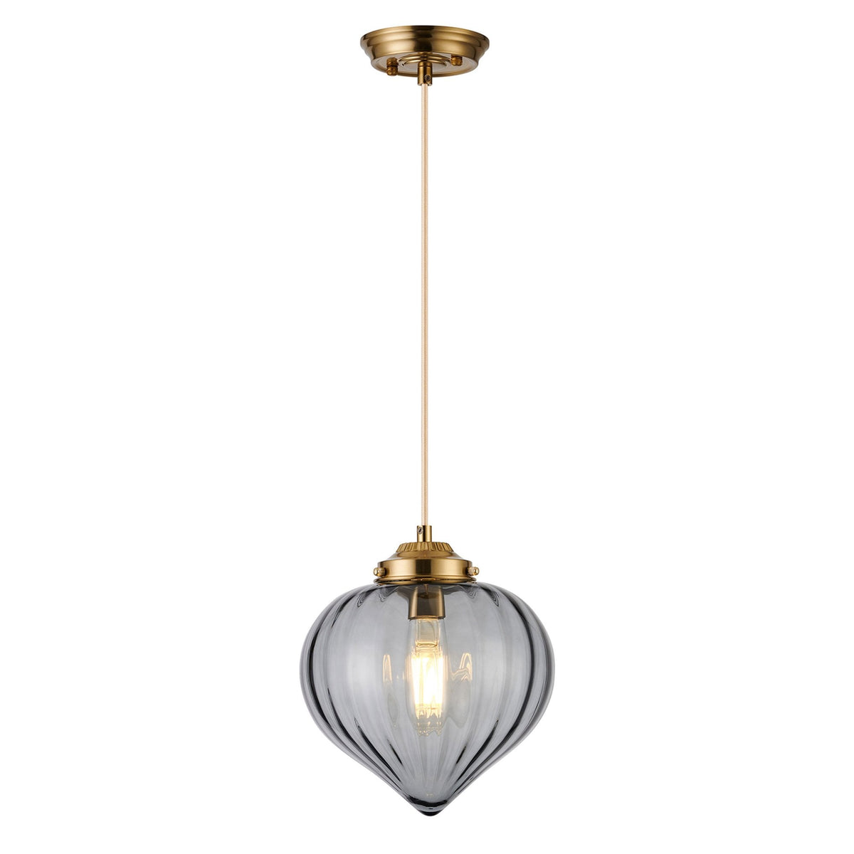 Appin Single Drop Pendant in Brass with Smoke Flower Bud Glass Shade