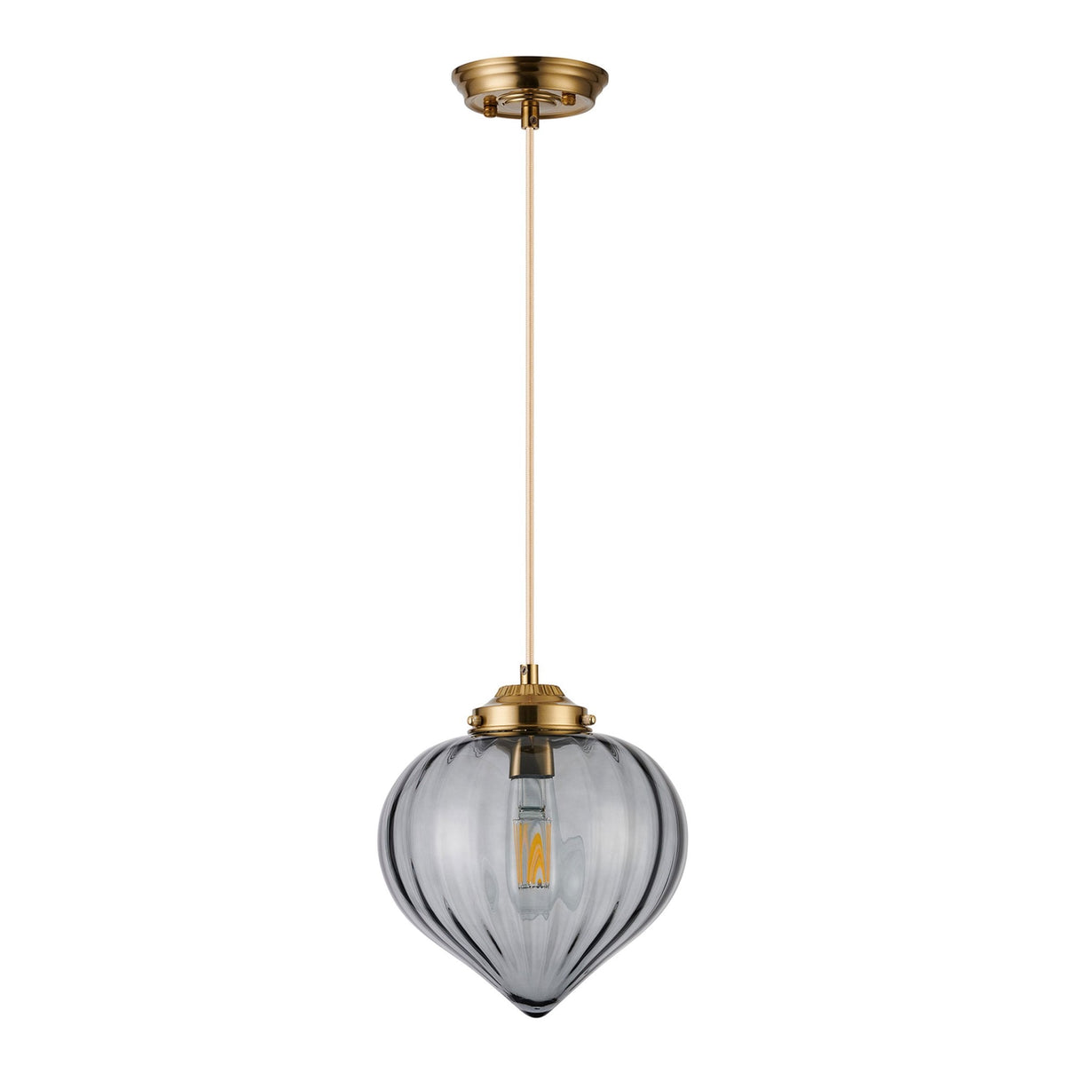 Appin Single Drop Pendant in Brass with Smoke Flower Bud Glass Shade