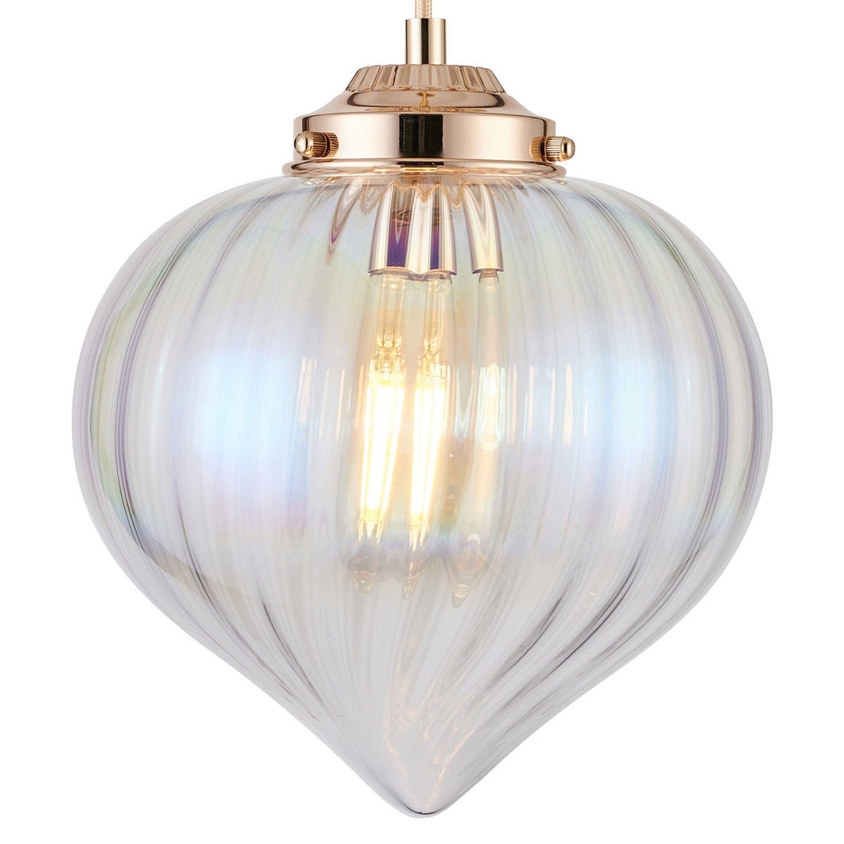 A close-up view of the glass pendant light, showcasing its iridescent finish and design.