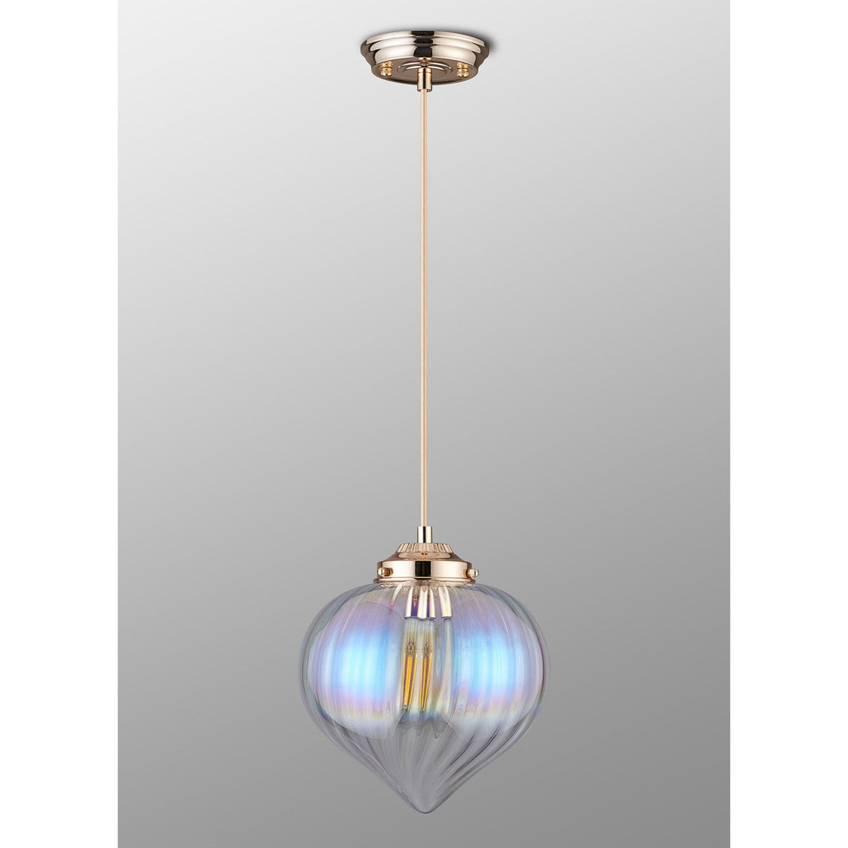 Full view of the pendant light, featuring a ribbed iridescent glass shade and rose gold fittings.
