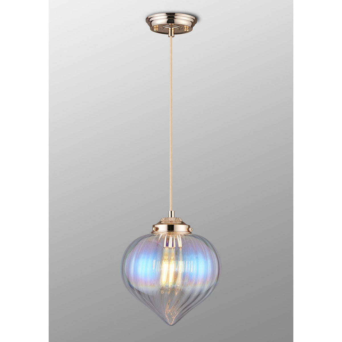 Full view of the pendant light, featuring a ribbed iridescent glass shade and rose gold fittings.