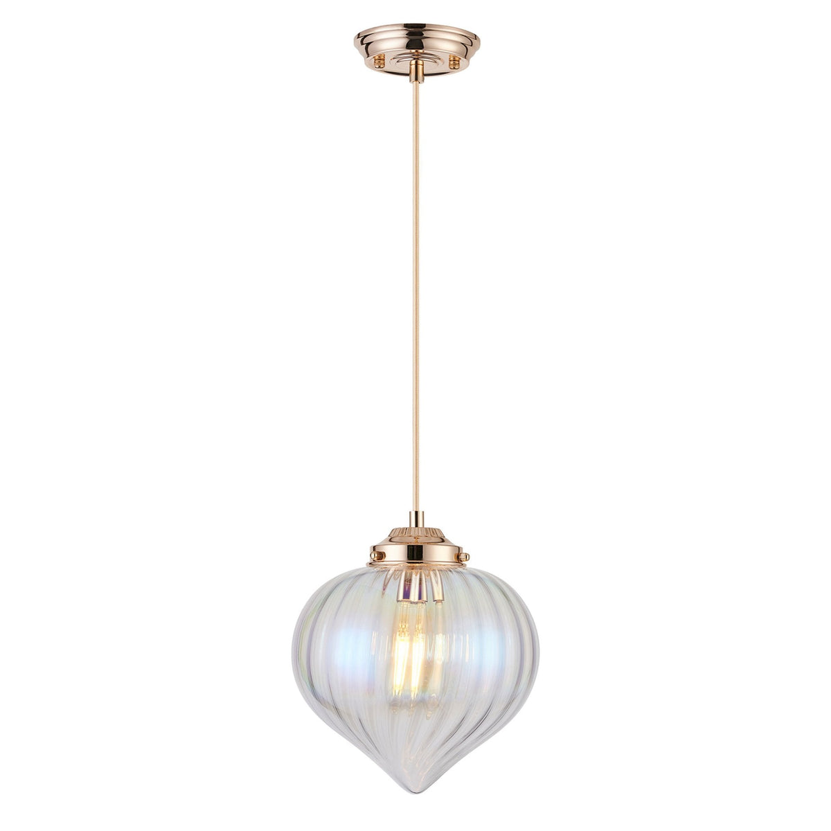 A full view of the pendant light, showcasing its iridescent glass shade and rose gold details.