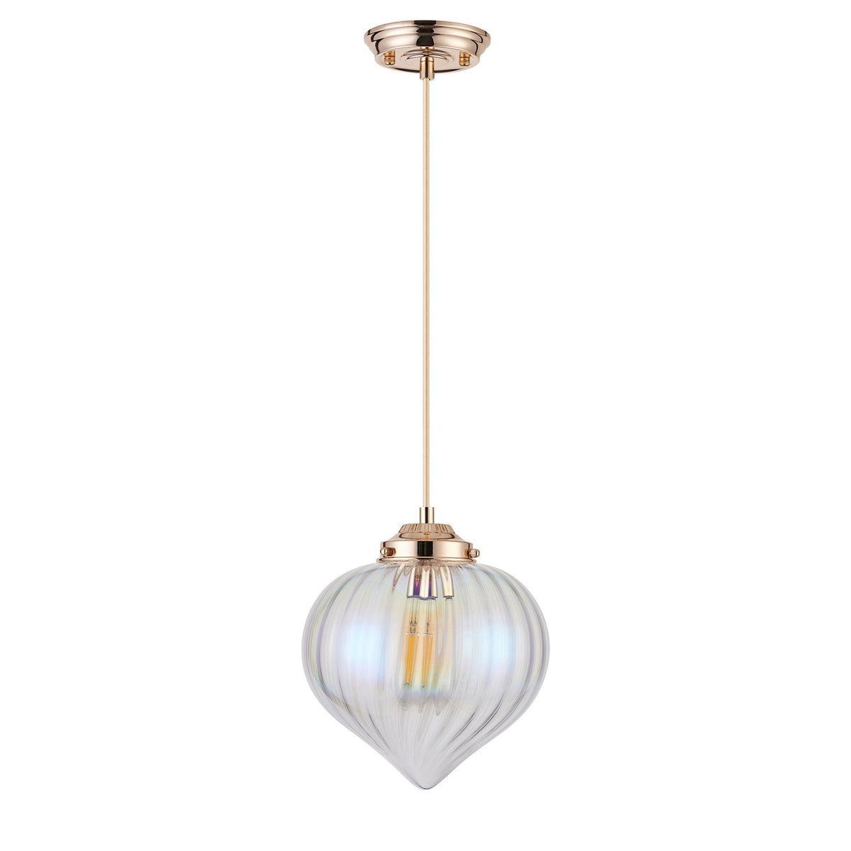 A full view of the pendant light, showcasing its iridescent glass shade and rose gold details.